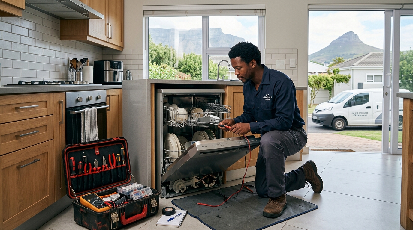 Bosch dishwasher technician repairing appliance on-site in Cape Town home