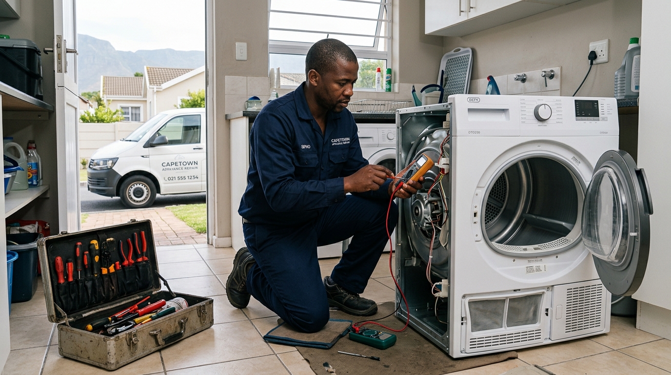 Hisense tumble dryer technician repairing appliance on-site in Cape Town home